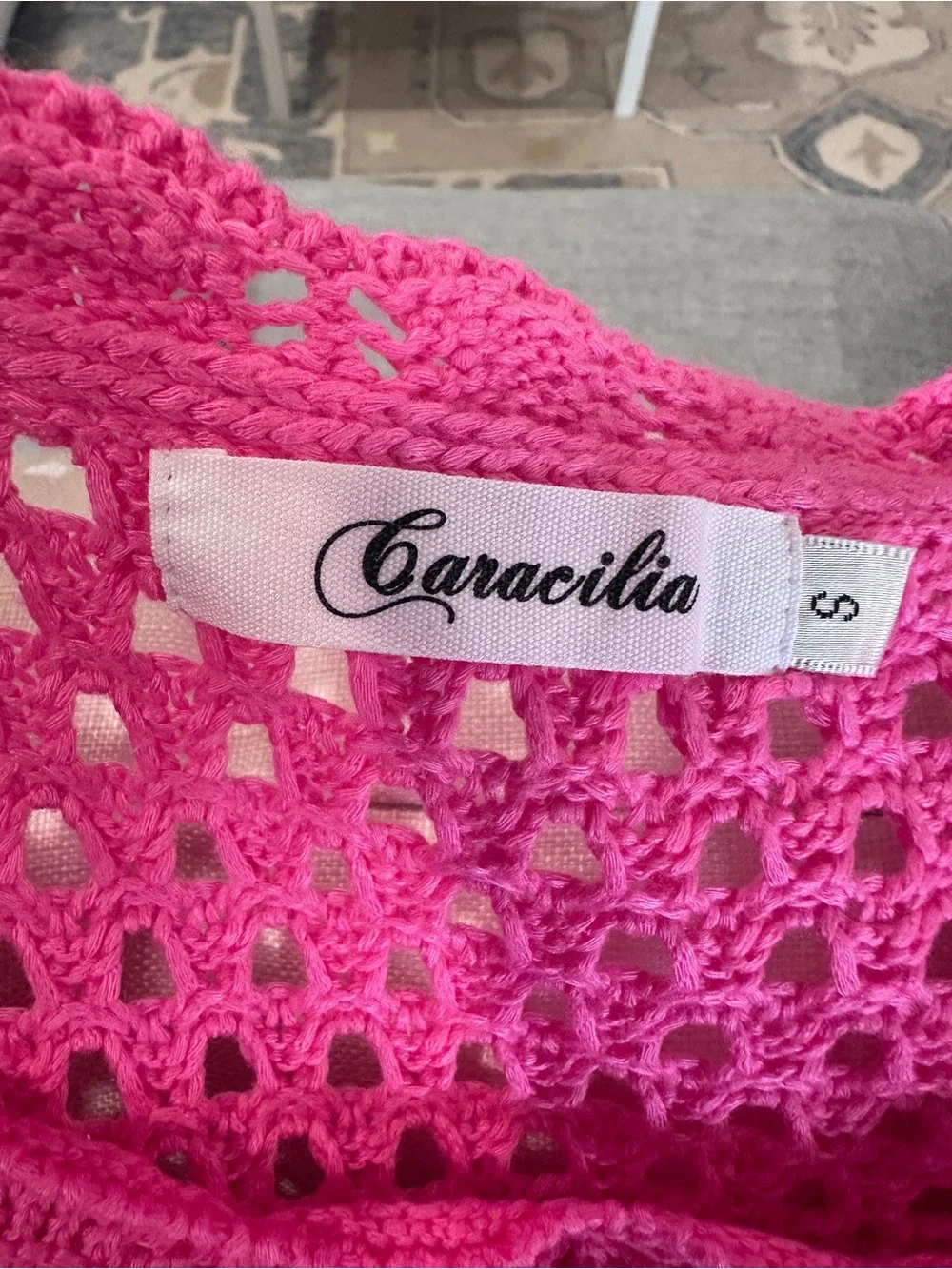 Bright Pink Crochet Short-Sleeve Women's Swim Coverup/Dress